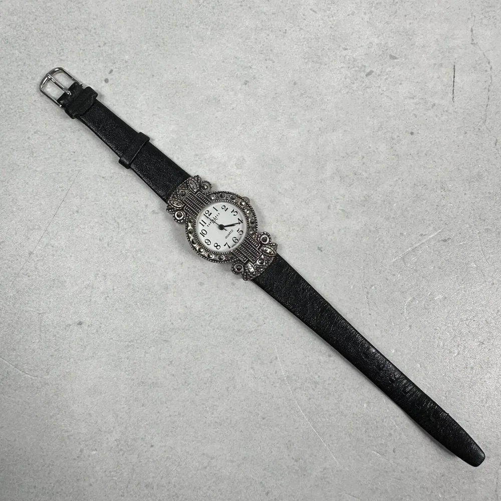 LA Express Watch Womens Marcasite Bezel Silver Tone Art Deco 25mm New Battery